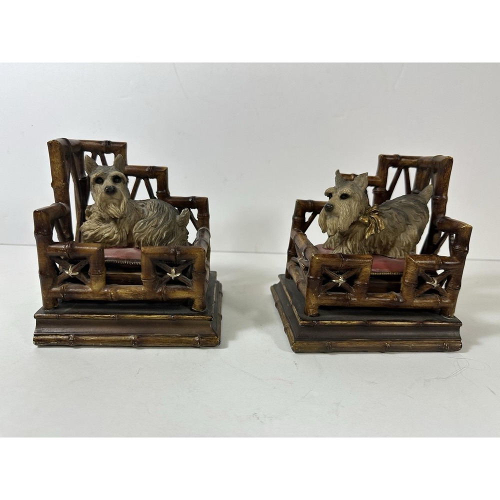 Vtg Scottie/Schnauzers Terriers Bamboo Dog Beds Bookends Resin Pair Chinoiserie
